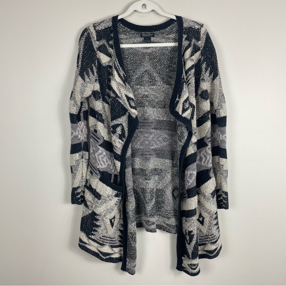 Lucky Brand Women Large Bali Aztec Open Front Cardigan Sweater Long Sleeve Black
